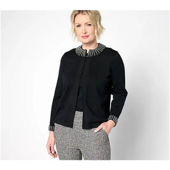 Isaac Mizrahi Live! Knit Jacket with Faux-Pearl Details Pitch Black,Large - Picture 1 of 1